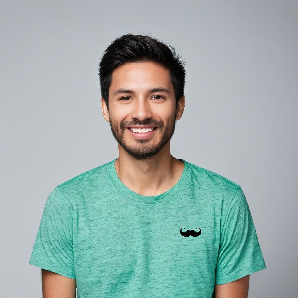 Young Smiling Man Wearing Green T-Shirt with Mustache Design
