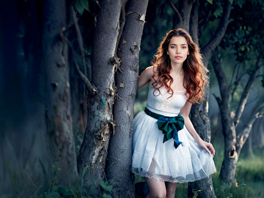 Young Woman in White Dress Among Trees