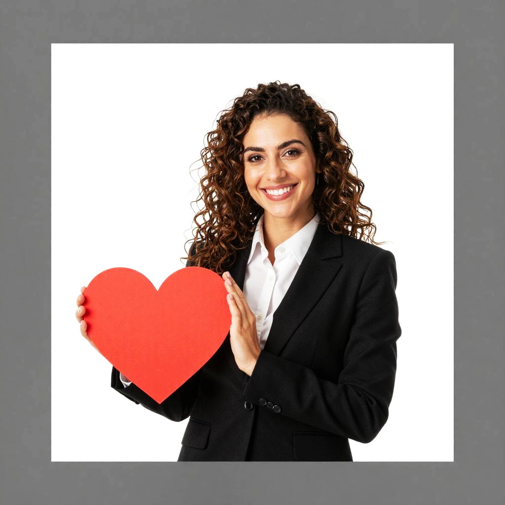 Smiling Professional Woman Holding Red Heart Symbol