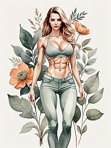 Fit Woman in Sports Bra and Jeans with Floral Background
