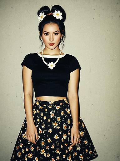 Stylish Woman in Black Crop Top and Floral Skirt with Flower Hair Ornaments