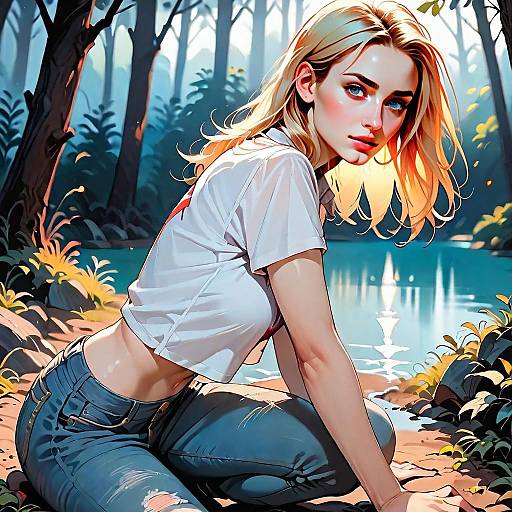 Digital Art of Blonde Woman by Forest Lake in Stylized Realism