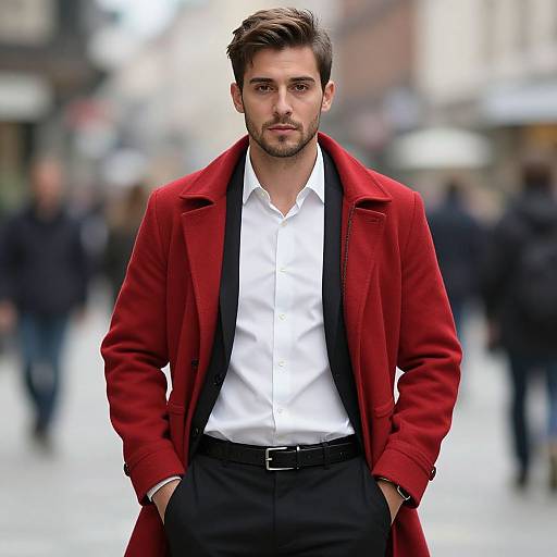 Stylish Young Man in Red Coat Walking on City Street