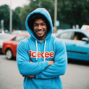 Young Man in Blue Hoodie Smiling Outdoors