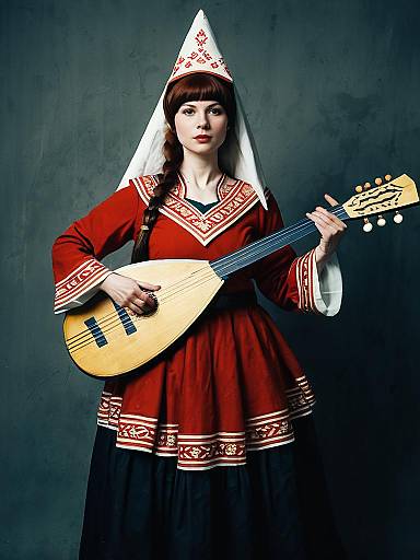 Sexy Cosplay Woman in Traditional Russian Balalaika Costume