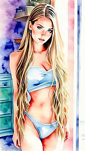 Young Woman in Light Blue Bikini - Watercolor Art