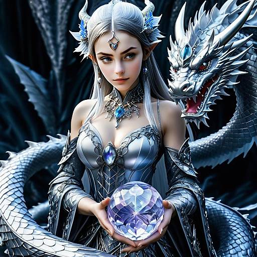 Mystical Woman with Crystal Orb and Silver Dragon Fantasy Artwork