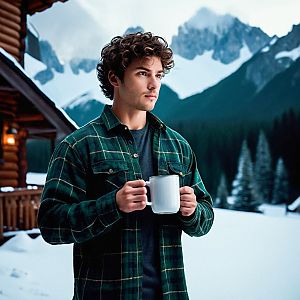 Young Man with Mug Outside Rustic Cabin in Winter Mountains