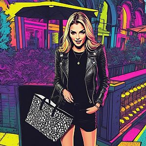 Confident Woman in Stylish Black Outfit Against Urban Backdrop