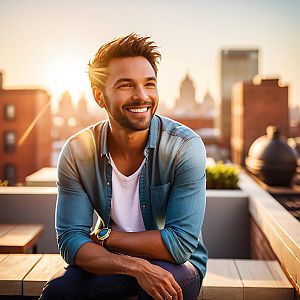 Young man smiling on rooftop at golden hour