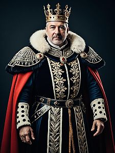 Man in Royal King Costume with Gold Embroidery and Crown Studio Portrait