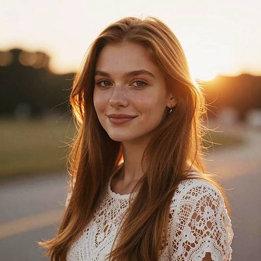 Young Woman with Red Hair in White Lace Top During Golden Hour
