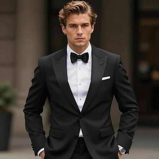 Young Man in Classic Black Tuxedo and Bow Tie
