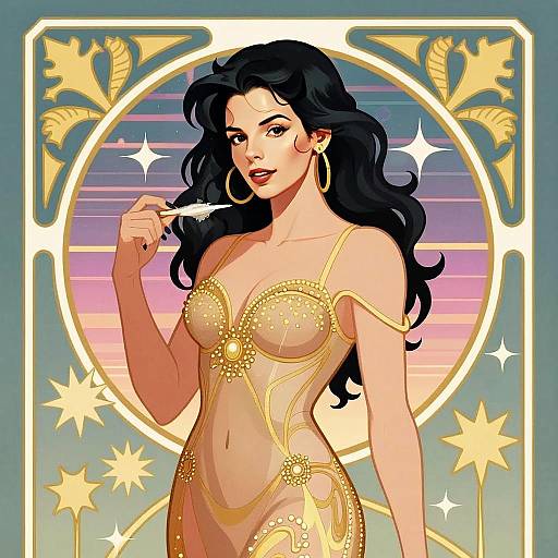 Elegant Woman in Golden Sheer Art Nouveau Style Outfit