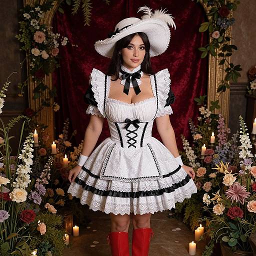 Victorian Inspired Maid Costume Woman in Elegant Floral and Candlelight Setting