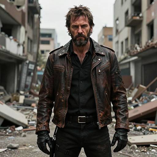 Rugged Man in Leather Jacket Standing in Post-Apocalyptic Urban Street