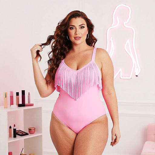 Plus Size Woman in Pink Fringe Swimsuit with Neon Sign and Makeup Display