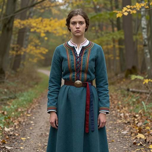 Young Woman in Traditional Nordic Dress Standing on Autumn Forest Path