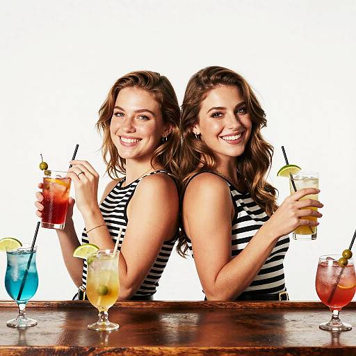 Gen Z Women Enjoying Colorful Cocktails in Striped Tops