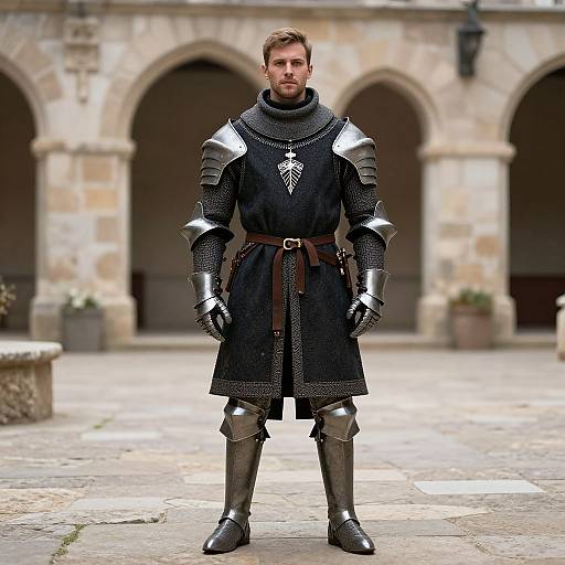 Medieval Knight in Detailed Armor Standing in Stone Courtyard