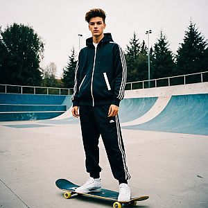 Young Man on Skateboard in Tracksuit at Skate Park