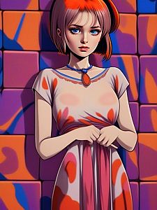 Vibrant Woman with Blue Eyes in Geometric Patterns