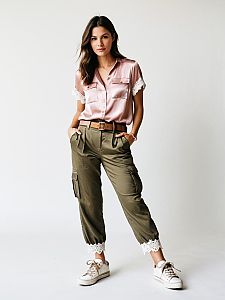 Stylish Woman in Pink Satin Blouse and Olive Green Cargo Pants