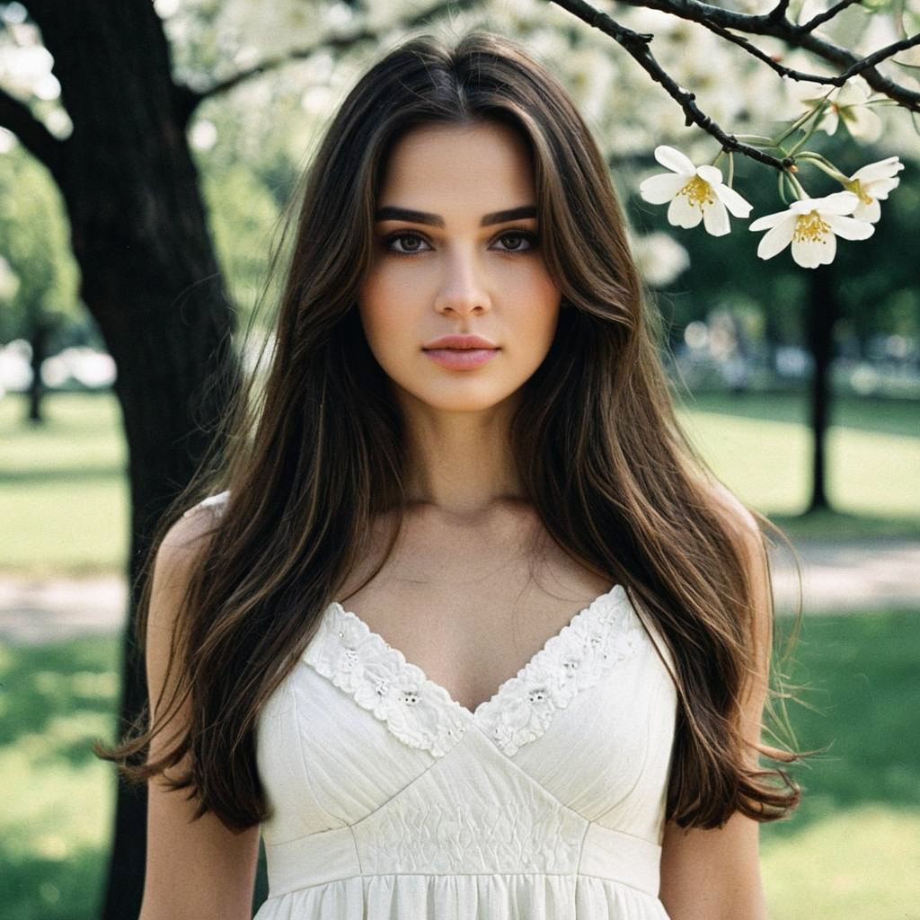 Young Woman in White Dress in Serene Garden