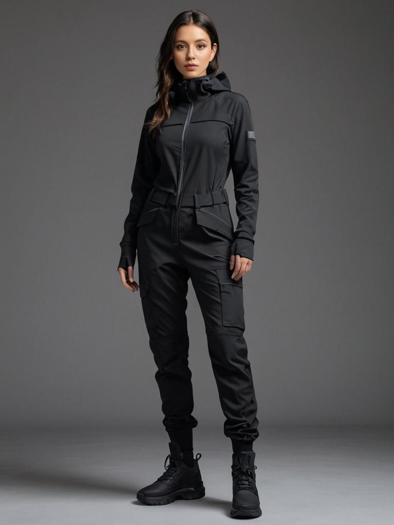 Stylish Woman in Black Jumpsuit for Outdoor Activities