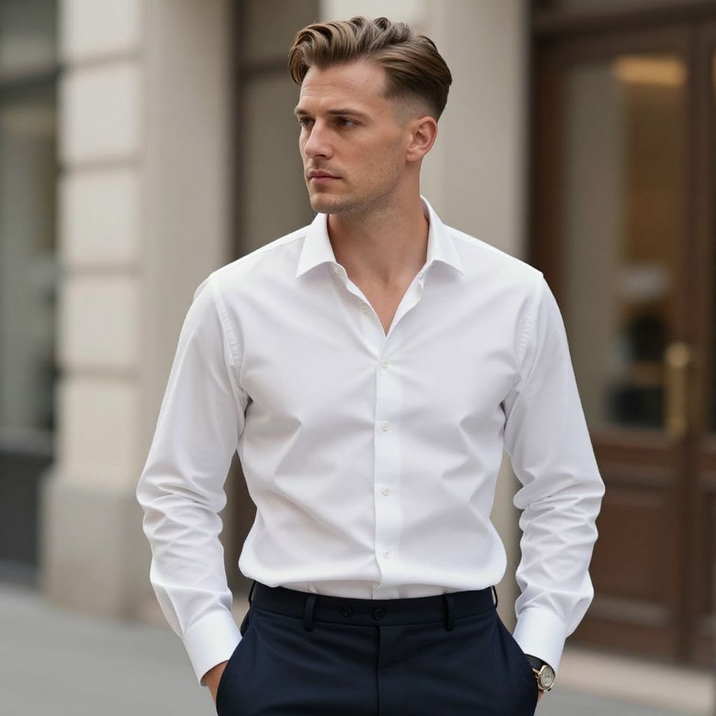 Stylish Young Man in White Dress Shirt and Dark Trousers Urban Fashion