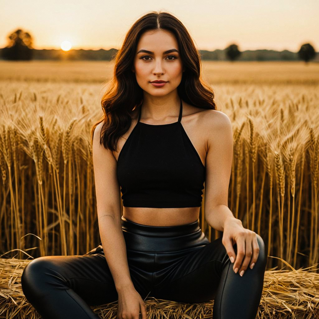 Young Woman in Wheat Field at Sunset Young Woman in Wheat Field at Sunset