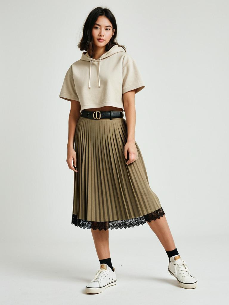 Stylish Woman Wearing Beige Cropped Hoodie and Pleated Khaki Skirt with Lace Trim