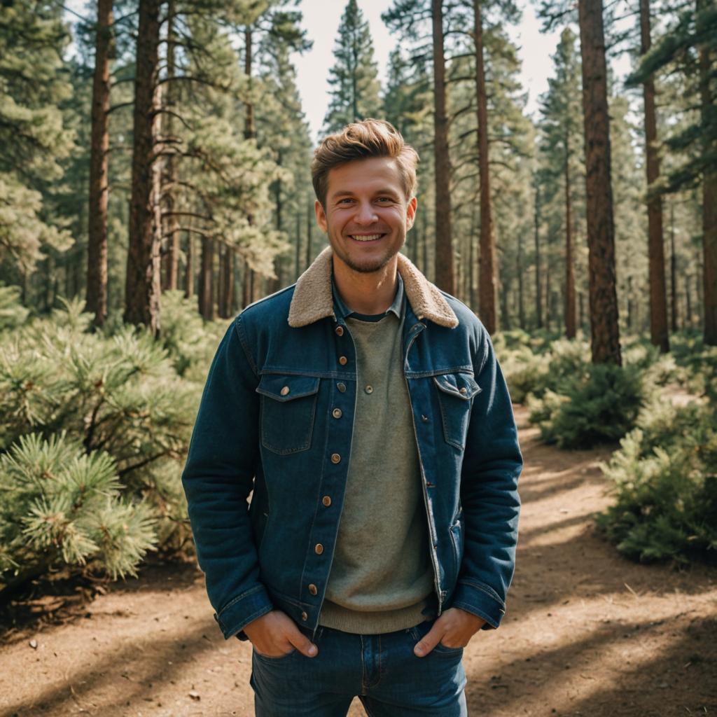 Cheerful man in denim jacket in serene forest