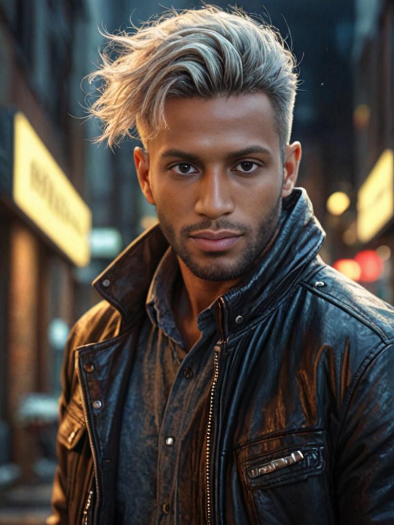 Stylish man with blonde highlights in leather jacket at dusk