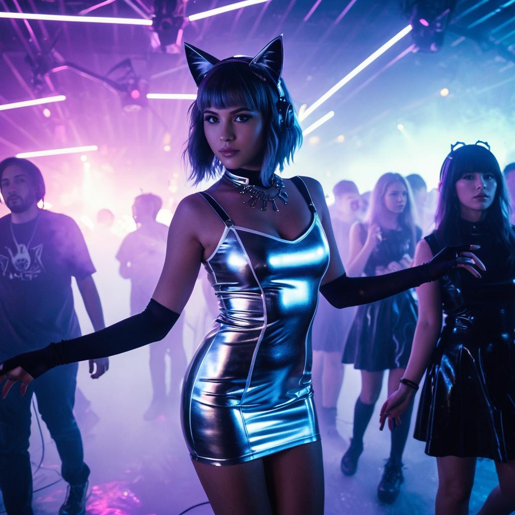 Woman in Metallic Silver Dress and Cat Ear Headphones at Neon Cyberpunk Club