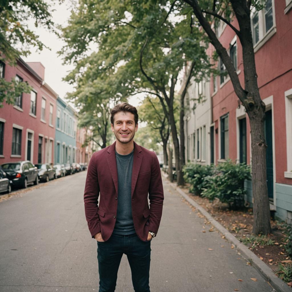 Smiling man in stylish casual attire on a quaint street