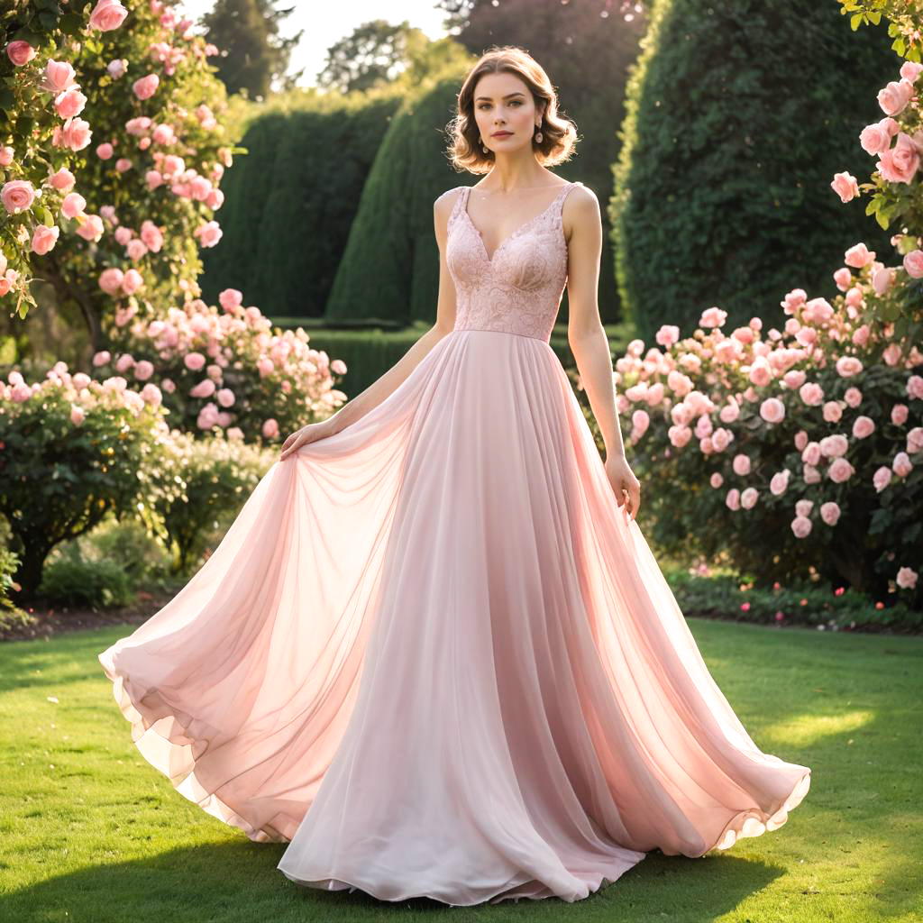 Elegant Woman in Blush Pink Gown in a Rose Garden