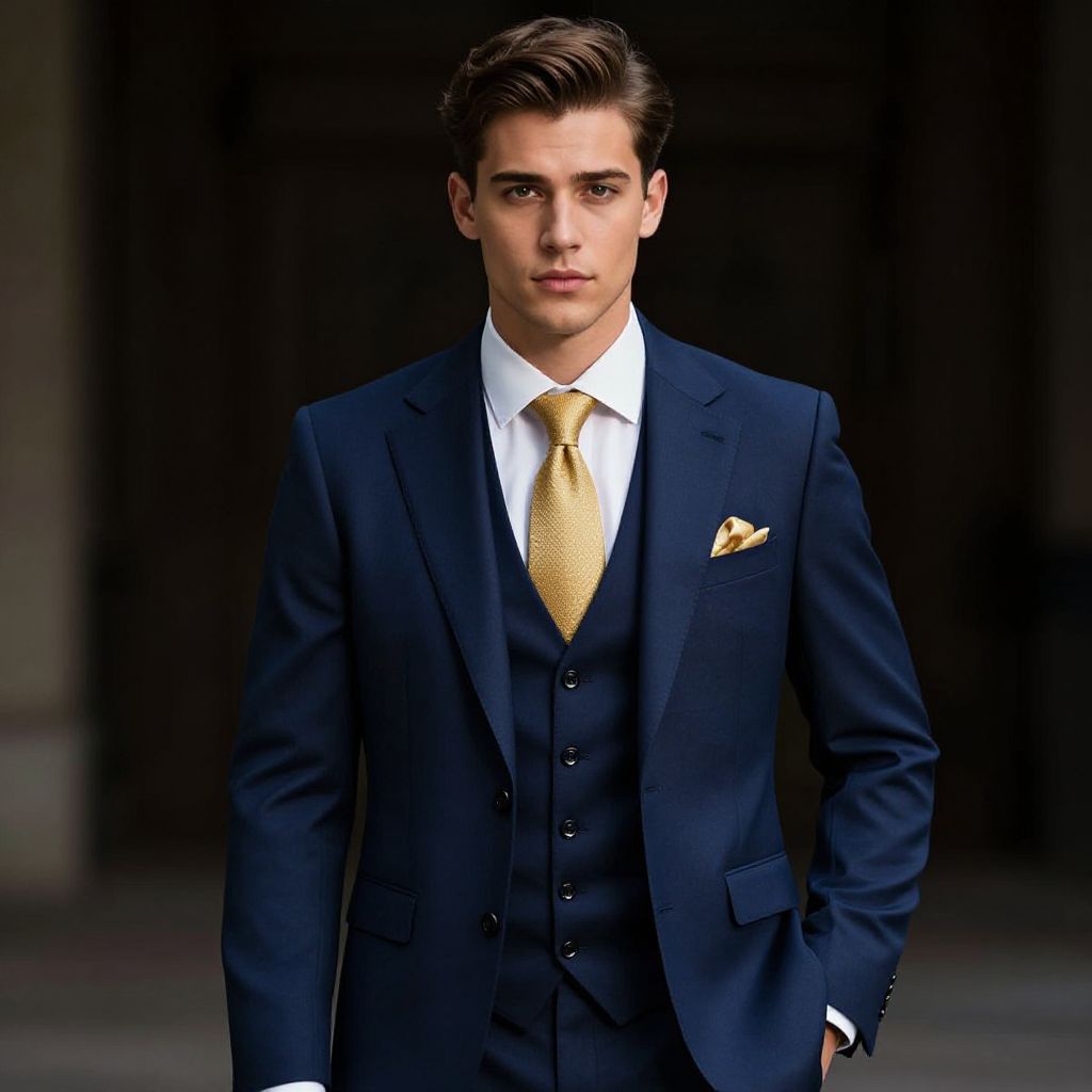 Young Man in Navy Blue Three-Piece Suit with Gold Tie