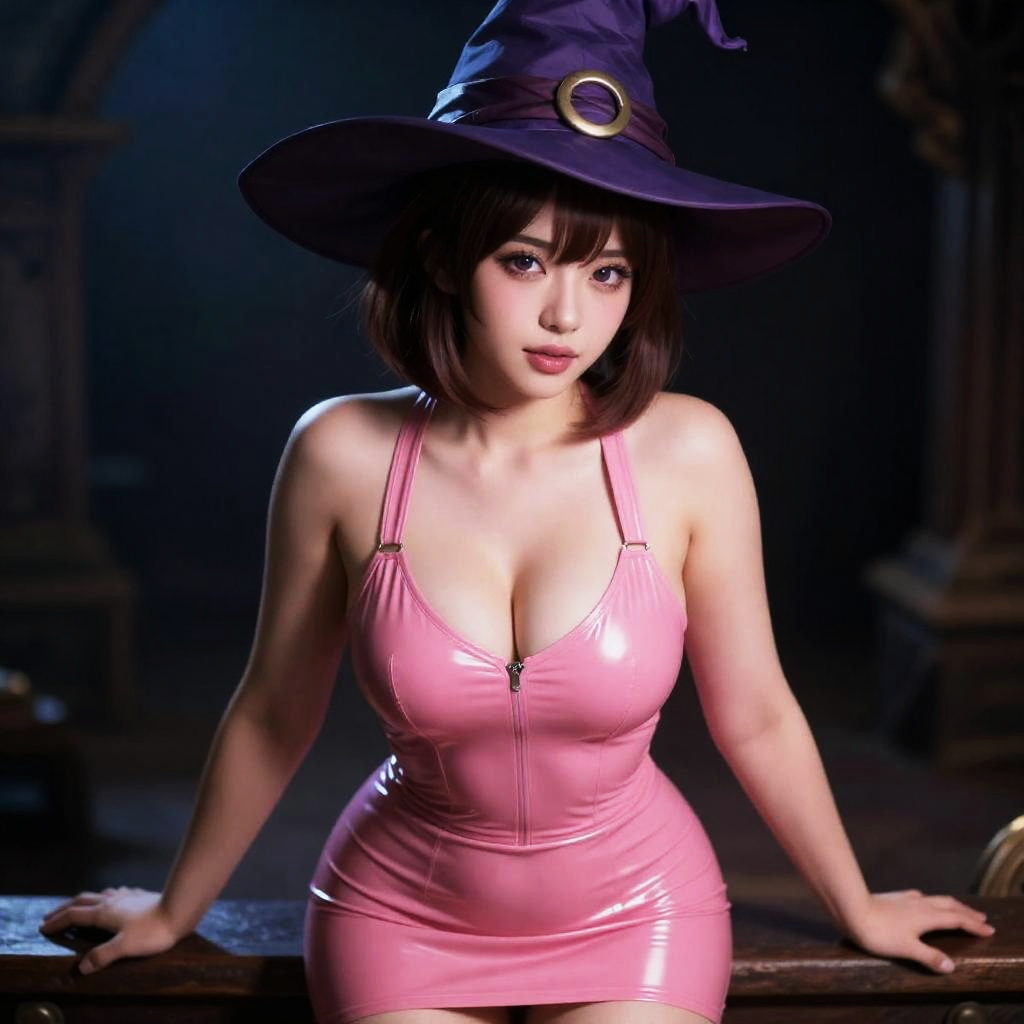 Stylish Woman in Pink Latex Dress Wearing Purple Witch Hat