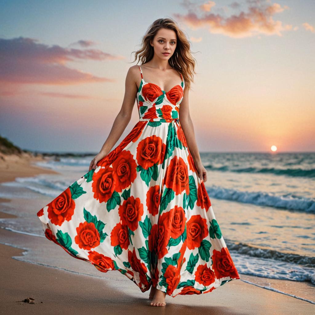 Romantic Woman in Floral Maxi Dress at Beach Sunset