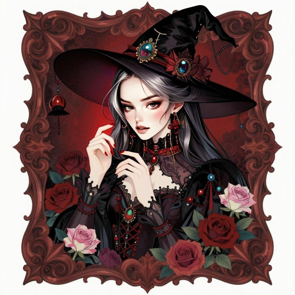 Elegant Gothic Witch Woman Digital Illustration with Roses and Dark Costume