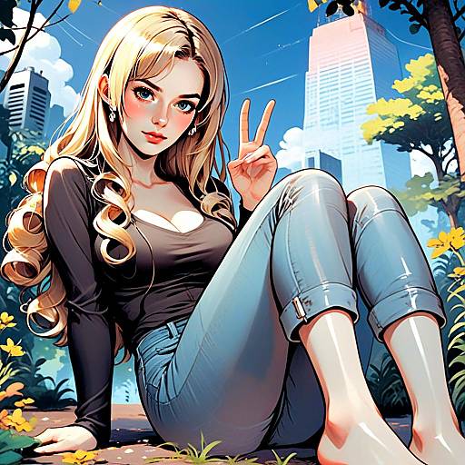Anime Style Blonde Woman Sitting Outdoors with Peace Sign Urban Background