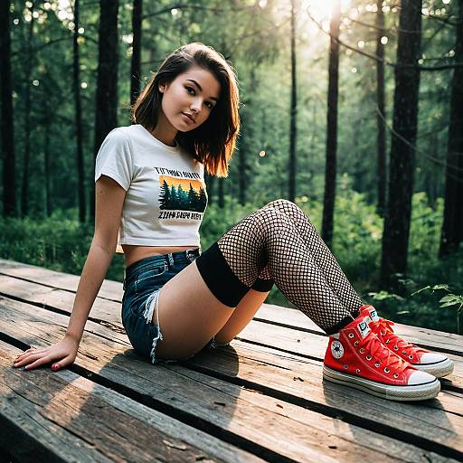 Young Woman in Casual Outfit Sitting Outdoors in Forest Setting
