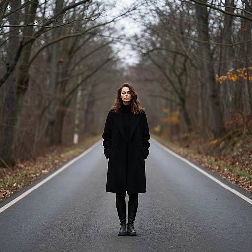 Woman Standing on Empty Road in Black Coat Winter Fashion