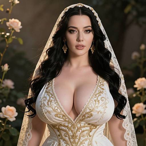 Elegant Woman in Embroidered White Dress with Lace Veil Amid Roses