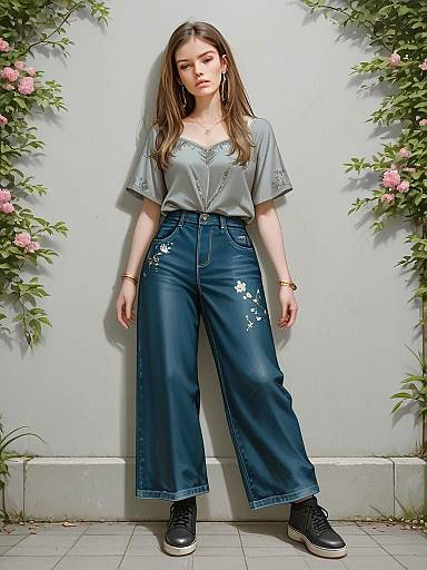Realistic Full Body Portrait of Woman in Heather Grey Top and Floral Embroidered Jeans