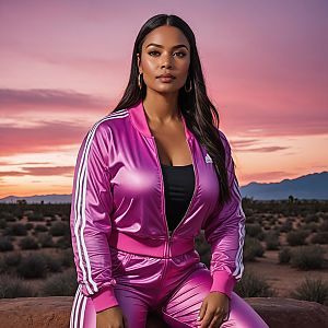 Confident Woman in Pink Tracksuit at Sunset