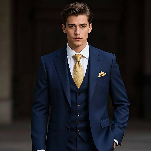 Young Man in Navy Blue Three-Piece Suit with Gold Tie