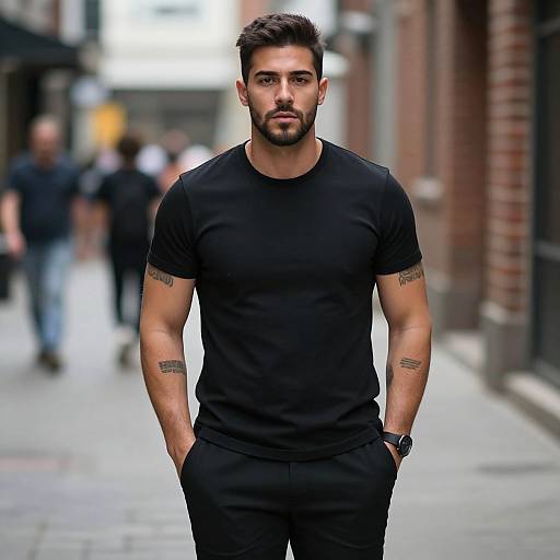 Confident Young Man in Black T-shirt Walking in Urban Street