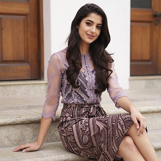Elegant Woman Sitting on Steps Wearing Lavender Lace Top and Patterned Brown Skirt